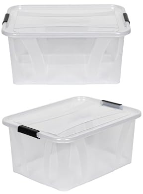 Kreher® XL Aufbewahrungsboxen mit Deckel aus Lebensmittel-geeignetem Kunststoff in Transparent. Stapelbare Lagerboxen für Haushalt, Garage, Industrie (32 Liter, 2er Set)