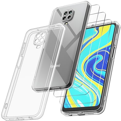 Didisky Funda para Redmi Note 9S con 3-Unidades Cristal Templado Protector,Suave Silicona Transparente TPU [Caso Case+ Cristal Templado] Protector de Pantalla dureza 9H HD