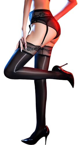 GOCBOBO Damen Strapsstrümpfe Hohe Taille Sexy Strapsstrümpfe Damen Öl Glänzende Strumpfhalter Halterlose Strümpfe Schwarz