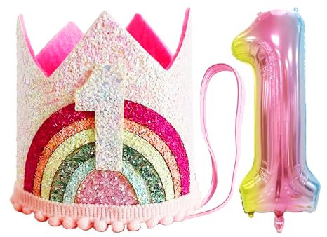 1 Corona Per Il 1° Compleanno, 1 Palloncino, Principessa Per Bebè, Cappello Decorativo Per Feste, Fascia Arcobaleno, Accessorio Per Capelli, Regolabile, Adatto Per Il Primo Compleanno Della Ragazza