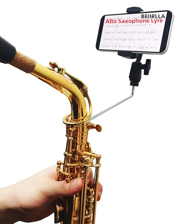 Saxophone Lyre,Adjustable 360° Rotation Professional for Alto,Tenor & Bari Sax Lyre,Marching Band Phone Holder,fit 4 x 4mm Square Socket,Compatible with Smartphones 2.57-3.55in Width with Storage Bag