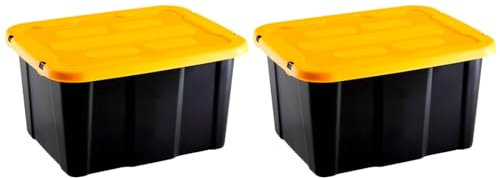 Tradineur - Pack de 2 Cajas de almacenaje apilable con Tapa, plástico, cajón Multiusos, ordenación, Herramientas, hogar, Fabricada en España (30 litros - Amarillo/Negro - 48 x 35 x 25,5 cm)