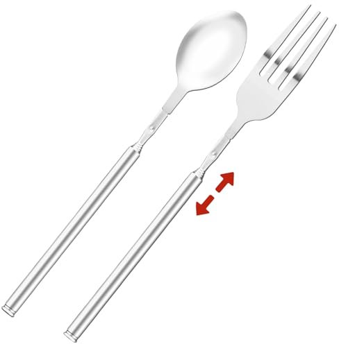 2 st teleskopisk gaffelsked, utdragbar gaffel och sked i rostfritt stål, expanderbar förlängningsgaffel sked till 25,3 cm servis, för grill middag frukt efterrätt