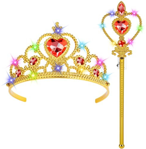 HOTUT Prinzessin Verkleiden,Prinzessin Zubehör Set,Eiskönigin Krone und Zauberstab mit Licht,Prinzessin Dress Up,Mädchen Dress up Zubehör für Party, Cosplay（Gelb）
