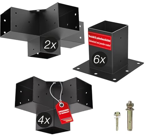 SOTECH konstruktionsSET 12 delar (4x hörnkopplingar + 2x mittkontakter + 6x jordhylsor) fyrkantig 100 x 100 mm stål galvaniserat och svart pulverlackerat för maximalt korrosionsskydd