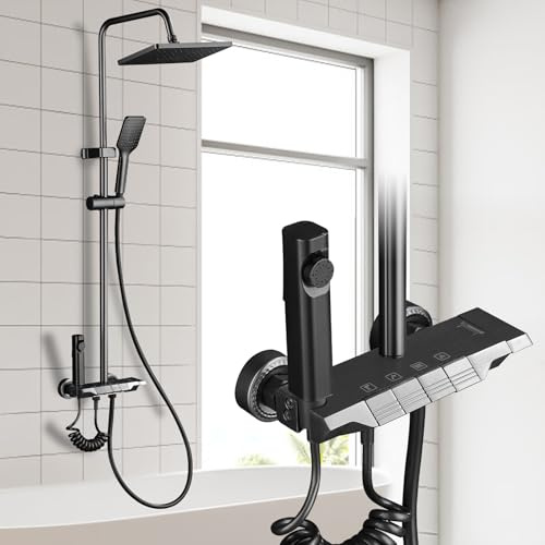 Umisu Colonne de Douche, Système de Robinetterie Réglable en Hauteur, Robinet de Douche avec 4 Types de Jets, Douchette Bidet Pour Salle de Bain (Noir)