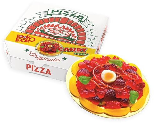 Look o Look Pizza de bonbons 300g – Pizza sucrée avec guimauves, fils acidulés et gommes fruitées en boîte à pizza – Cadeau rigolo pour anniversaires, fêtes d’enfants et fans de sucreries