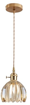 EKSED Vintage Pendelleuchte aus Glas mit E27-Fassung und Drehschalter, Lampenschirm in Blütenblattform, für Küche, Esszimmer oder Schlafzimmer, Bernstein, 1 Stück