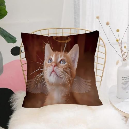 YFHJV Fundas de Almohada 40x40cm - Fundas de Cojines de Calidad con una Suavidad Incomparable - Ideal para Dormitorio - Animal, un Gatito ángel con alas y halo, Mirando al Cielo.