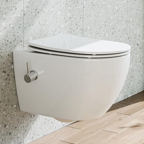 HOROW WC avec buse intégrée, fonction bidet suspendue, Taharet nano-revêtement WC, robinet, siège abaissement automatique, eau froide, 53 x 36 x 35 cm