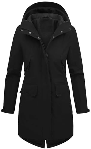 Tuopuda Veste Femme mi Saison Parka Imperméable en Polaire Blouson avec Capuche Décontracté Manteau Long à Fermeture éclair Manteau Printemps Automne(Noir,XL)