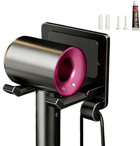 Kaiyzo Soporte Secador de Pelo Sin Taladro, Soporte de Pared para Secador de Pelo, Robusto y Duradero de Aluminio Aeroespacial, Antideslizante para Baño, Negro