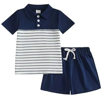 eqenkely 2 Pezzi Completi Set per Bambino di Vestiti Estivi Poloshirt Top a Righe da Maniche Corte e Pantaloncini con Tasca Tuta per Bambini Blu scuro 3-4 anni