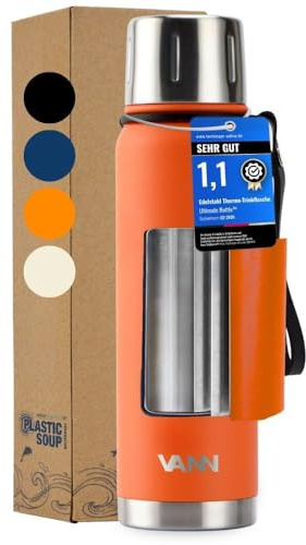 VANN Thermoskanne 0,5l - Thermosflasche mit Becher [24h kalt 12h warm] - Thermoskanne Outdoor, Gefertigt aus zertifiziertem Edelstahl - Termotrinflasche - Orange