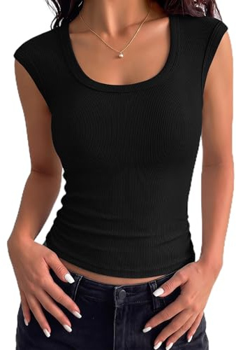 Aottori Womens T Shirts Ribbed Cap Sleeve Top UK Summer Cropped U Neck Slim Fit Tee Shirt Ladies Basic Casual Stretch T-Shirt