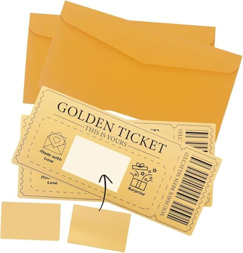 Happium gyllene biljett set med 2, skrapa-av överraskningsgåva avslöjande med kuvert, skrapkort för födelsedag, bröllop, konsert, biografkupong raffel, presentkort för barn, kvinnor, män