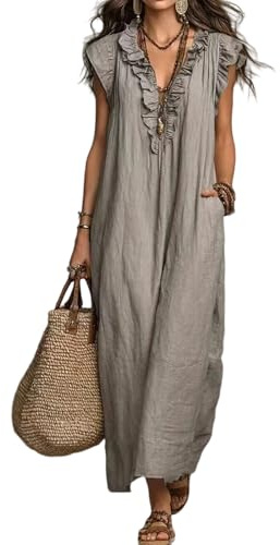 Générique Robe Longue Femme Col en V sans Manches avec Volants Coupe Ample Style Décontracté Tissu Léger pour Usage