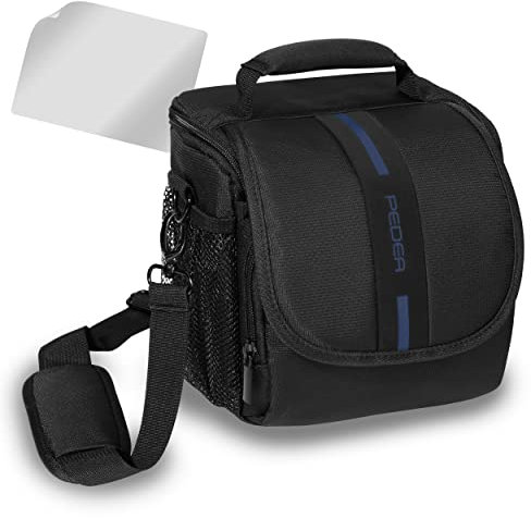 PEDEA DSLR-Kameratasche Essex mit Displayschutzfolie für Canon EOS 5D 5D Mark II 400D 2000D / Nikon D60 D80 D90 D3100 D3200 D3300 D3400 D5300 D7100 / Pentax K 30 K 50 K 500, Gr. M schwarz/blau