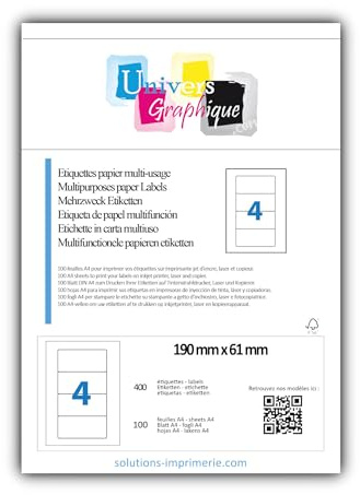 100 Planches de 4 étiquettes pour grand CLASSEUR 190 x 61 mm = 400 étiquettes autocollante papier Blanc Mat pour imprimantes Laser et Jet d'encre étiquette adhésive CLASSEUR dos de dossier UGE4R04