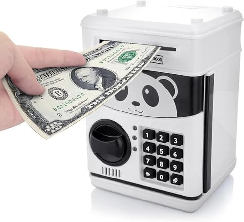 Itian Cartoon Piggy Bank Cash Coin Can con Password, Money Bank Money Safe, Saving Box, ATM Bank Safe Locks Panda Smart Voice, Nero+Bianco