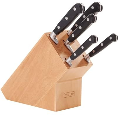 Stellar Classic Beechwood Knife Block with 5 Knives, Stainless Steel Razor Sharp Blades, Paring + Utility + Carving + Bread + Cooks Knife
