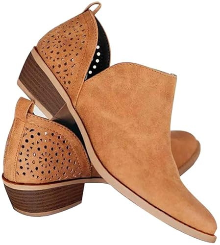 JITUUE Ankle Boots for Women Casual Cut Out Slip On Low Heel Short Chunky Stacked Heel Perforated Side V Cut Western Booties Cutout Shoes (Brown, US 8)
