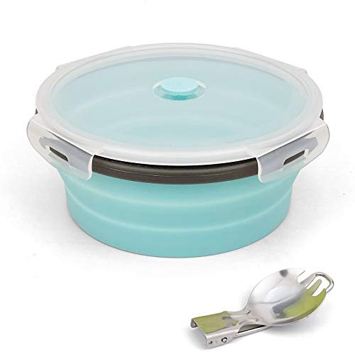 Ewrap 1200ML Round Collapsible Camping Bowl, Portable Silicone Food Storage Containers, Silicone Bowl with Lid and Foldable 2 in 1 Fork Spoon, for Camping and Kitchen, Freezer and Microwave Safe, Blue