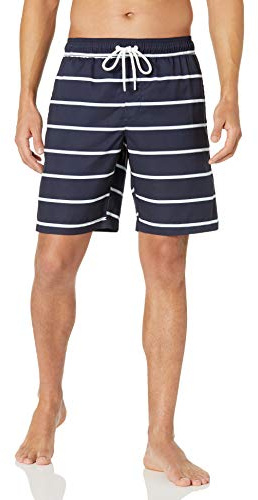 Amazon Essentials Short de Bain de 23cm avec Doublure en Maille, Poches, Fermeture à Cordon Homme, Bleu Marine Rayures, M