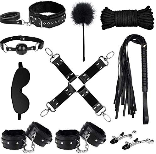 QIMEI-SHOP 10 Pezzi Bondage Set Regolabile Pelle Peluche Kit Adulti Sex Toys Multifunzionali per Principianti Coppie Nero