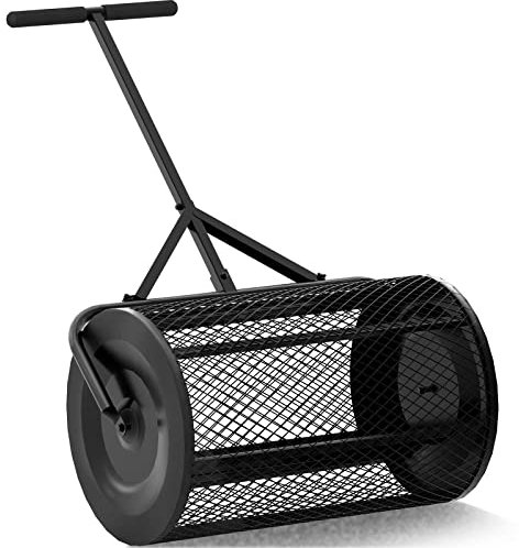 Walensee 24 Inch Compost Spreader Peat Moss Spreader with Upgrade T Shaped Handle for Planting, Seeding, Durable Lightweight Metal Mesh Spreader for Lawn and Garden Care Manure Spreaders Roller, Black