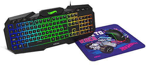 KROM Kit teclado, ratón y alfombrilla edición Hot Wheels KUSTOM- Teclado membrana RGB, Ratón con sensor óptico 7200 DPI, alfombrilla tela suave y resistente, layout español, color negro