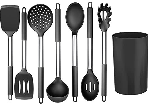 Joyfair - Juego de utensilios de cocina de silicona 8 piezas, mango de acero inoxidable, antiadherente, resistente al calor, con soporte, saludable y duradero