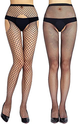 CITUYER Womens Suspender Pantyhose High Waist Fishnet Tights Fishnet Stockings Thigh High Stockings (Black-22+41)