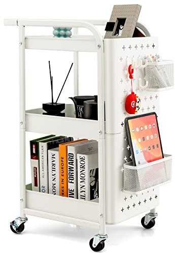 GOPLUS 3-stöckiger Rollwagen, Werkzeugwagen mit 2 Steckplatten, 2 Körben 4 abnehmbaren Haken, mobiler Allzweckwagen aus Metall auf Rädern, Servierwagen für Küche Arbeitszimmer Garage (Weiß)