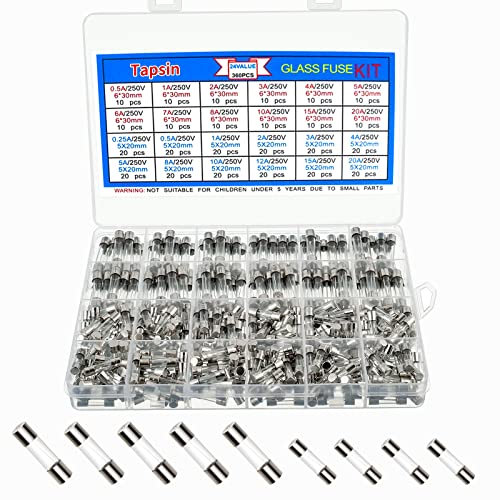 Tapsin 360 Stück Sicherungen Glassicherungen Sortiment 24 Werte 5 x 20mm 6 x 30mm 0.25A 0,5A 1A 2A 3A 4A 5A 6A 7A 8A 10A 12A 15A 20A 250V Feinsicherung Sicherung Glassicherung Kit