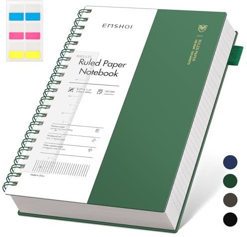 EMSHOI A4 Notebook Lined 300 Pages/150 Sheets, Wirebound Spiral Notepad, 100gsm Thick Paper, Waterproof Softcover, Writing Journal for Women Men Work Office School, 21.5x27.9cm, Dark Green
