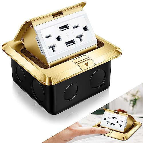 Hoolerry 1 Pack Pop up Floor Electrical Outlet Cover, 20Amp USB, Gold
