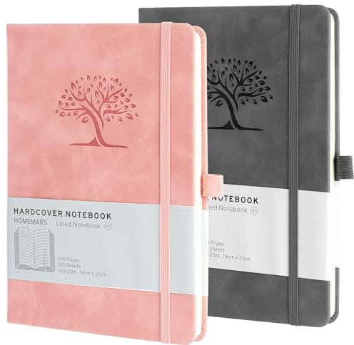 HOMEMARS Anteckningsbok, anteckningsbok, A5, dagbok, resedagbok, linjerad A5, anteckningsblock, A5, 100 GSM, 200 sidor, 2 stycken, resedagbok, anteckningsbok läder, prägestdesign, rosa grå