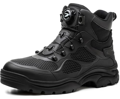 NGARY Mens Breathable Safety Boots Steel Toe Cap Trainers with Rotary Button Shock-Absorbing Industrial Boots Breathable Comfortable Protective Sneakers,Black,9 UK