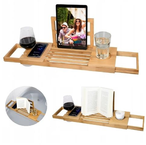 Badewannenablage Badewannenbrett Ausziehbar Verstellbar mit Getränke- Buch- Telefon- Halter