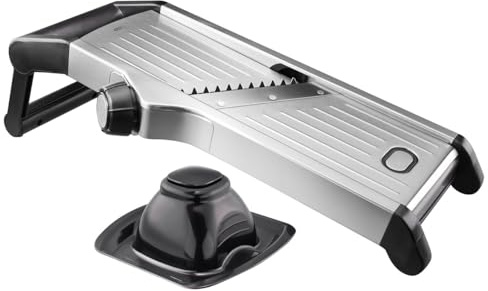 GEFU Gemüsehobel WELO | Verstellbare Klingen für Juliennestreifen & Scheiben | Edelstahl, rutschfest, Sicherheitskappe, spülmaschinengeeignet