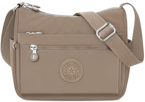 KTUEOV Bolso Bandolera Mujer, Ligero Bolso de Hombro Nailon Impermeable Bolsos Multibolsillos con 10 Compartimentos Bolso Cruzado Mujer con Correa Ancha Ajustable-Caqui