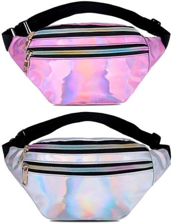 2 Stück Bauchtasche Glitzer Bauchtasche Bunt Bauchtasches Neon Bauchtaschen Damen Glitzer wasserdichte Bauchtaschen Sport Verstellbarer Gurt Hüfttasche Silber und Pink Unisex für Damen, Herren