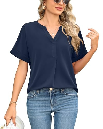 Yommay Chiffon Blouses for Women V Neck Ladies Tops Pleated Tunic Short Sleeve T Shirts,Navy Blue,L