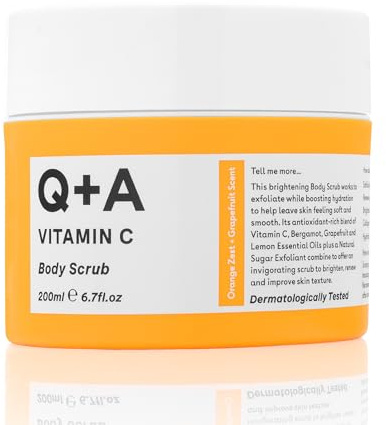 Q+A Vitamin C Body Scrub (200ml), Exfoliating Body Scrub, Brightening and Hydrating Sugar Scrub with Citrus Essential Oils, Vitamin C and Evening Primrose Oil