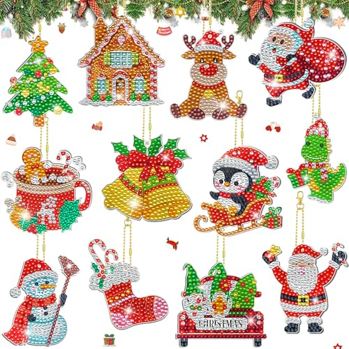 Ljevandria Diamond Painting Weihnachten Anhänger 12 Stück Doppelseitiger DIY Set Diamond Painting Kinder Bastelset Weihnachten Adventskalender (A)