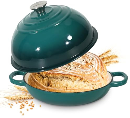 Homtone Horno holandés de hierro fundido esmaltado de 26 cm para pan de masa madre, olla holandesa con tapa abovedada, olla de pan de hierro fundido (verde azulado degradado, estándar)