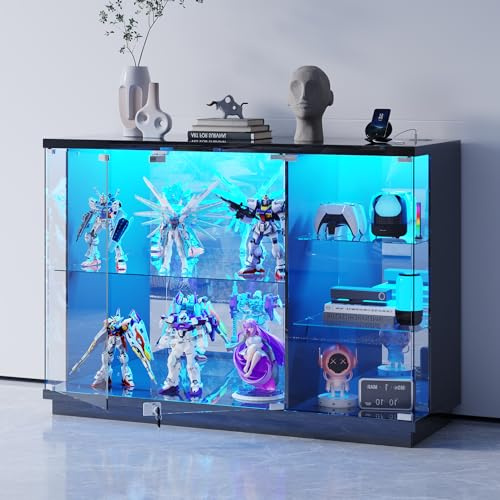 Lvifur Glasvitrine LED Beleuchtung und Glastüren,Glas Vitrinenschrank,Display Cabinet mit Intelligente Sensorik,3-Lagen Holz Vitrine Staubdicht für Wohnzimmer Schlafzimmer Büro,Schwarz