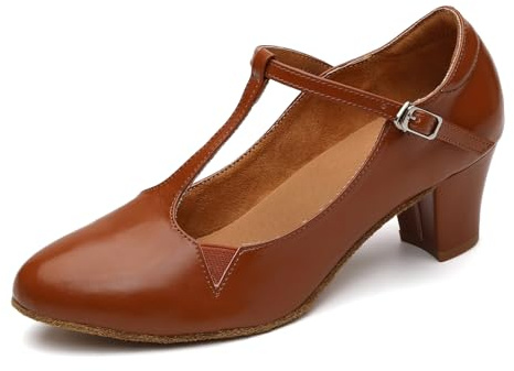 GYUBL Women's T-Strap Character Shoes Brown Latin Ballroom Closed Toe Salsa Tango Dancing Shoes with 2 inch Heels, 5 UK