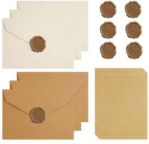 AOOSU 22 Pcs Vintage Writing Paper and Envelopes, Letter Writing Set with 6 Vintage Envelopes(Brown + White),10 A5 Letter Paper, 6 Wax Seal Stickers for Birthday Wedding Invitation Greeting Cards